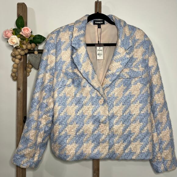 Express NWT Houndstooth Boucle‎ Jacket Blue Cream Size X Large - Picture 1 of 8